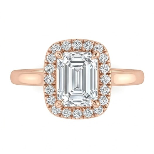 IGI Certified 1.35 ct Emerald Cut Natural Diamond Emerald Cushion Halo Ring in 14K Rose Gold: An elegant 1.35 carat natural Emrald-cut diamond ring, finely made in 14K Rose Gold with a refined profile and auction-worthy presentation. This design is enhanced with matching diamond side stones, a