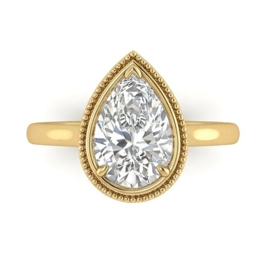 IGI Certified 1.55 ct Pear Cut Natural Diamond Milgrain Frame Ring in 14K Yellow Gold: A sophisticated 1.55 carat natural pear-cut diamond ring, crafted in 14K Yellow Gold to highlight beauty, brilliance, and fine jewelry presence. This design highlights the beauty of the center stone a