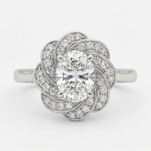 GIA Certified 1.7 ct Oval Cut Natural Diamond Floral Halo Ring in 14K White Gold: An elegant 1.7 carat natural oval-cut diamond ring, finely made in 14K White Gold with a refined profile and auction-worthy presentation. This design is enhanced with matching diamond side stones, add