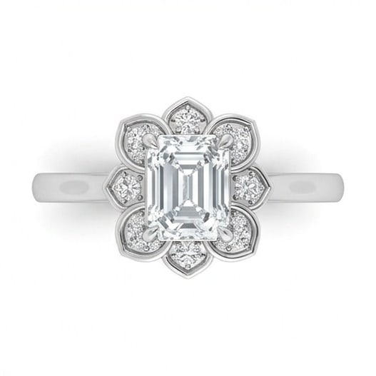 IGI Certified 1.5 ct Emerald Cut Natural Diamond Petal Halo Ring in 14K White Gold: An elegant 1.5 carat natural emerald-cut diamond ring, finely made in 14K White Gold with a refined profile and auction-worthy presentation. This design is enhanced with matching diamond side stones, 