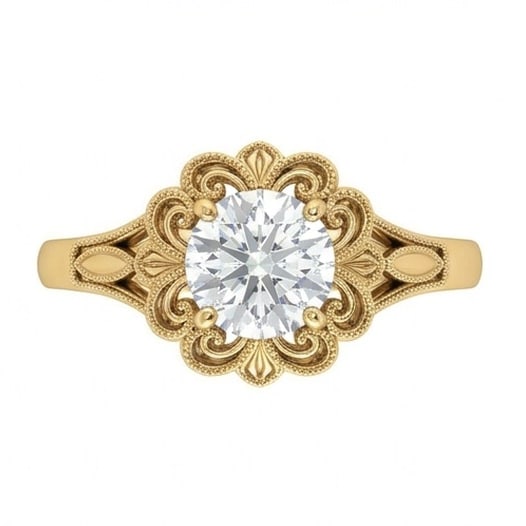 IGI Certified 1.35 ct Round Cut Natural Diamond Antique Floral Ring in 14K Yellow Gold: A sophisticated 1.35 carat natural round-cut diamond ring, crafted in 14K Yellow Gold to highlight beauty, brilliance, and fine jewelry presence. This design highlights the beauty of the center stone 