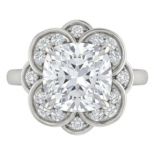 IGI Certified 1.7 ct Cushion Cut Natural Diamond Rosette Halo Ring in 14K White Gold: This distinguished 1.7 carat natural cushion-cut diamond ring is beautifully crafted in 14K White Gold, offering exceptional brilliance and enduring appeal. This design is enhanced with matching diamo