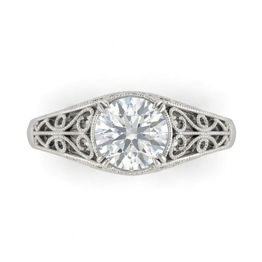 GIA Certified 1.8 ct Round Cut Natural Diamond Vintage Lace Ring in 14K White Gold: This distinguished 1.8 carat natural round-cut diamond ring is beautifully crafted in 14K White Gold, offering exceptional brilliance and enduring appeal. This design highlights the beauty of the cent