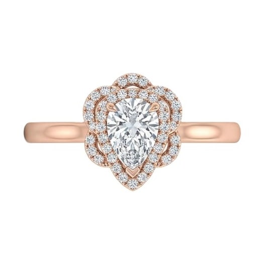 GIA Certified 1.35 ct Pear Cut Natural Diamond Floral Halo Ring in 14K Rose Gold: A remarkable 1.35 carat natural pear-cut diamond ring, expertly crafted in 14K Rose Gold and created to showcase timeless sophistication. This design is enhanced with matching diamond side stones, add