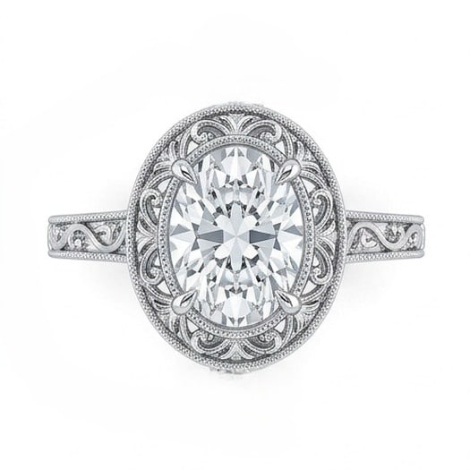 IGI Certified 1.75 ct Oval Cut Natural Diamond Antique Border Ring in 14K White Gold: A remarkable 1.75 carat natural oval-cut diamond ring, expertly crafted in 14K White Gold and created to showcase timeless sophistication. This design highlights the beauty of the center stone alone, 