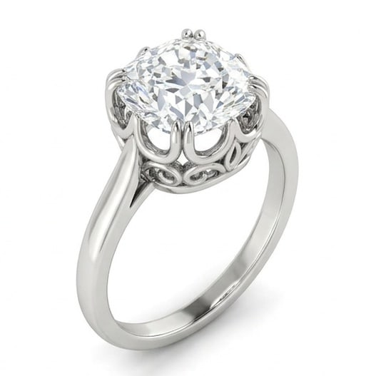 GIA Certified 1.85 ct Cushion Cut Natural Diamond Vintage Crown Ring in 14K White Gold: This distinguished 1.85 carat natural cushion-cut diamond ring is beautifully crafted in 14K White Gold, offering exceptional brilliance and enduring appeal. This design highlights the beauty of the c