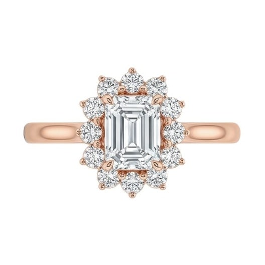 IGI Certified 1.55 ct Emerald Cut Natural Diamond Floral Halo Ring in 14K Rose Gold: This distinguished 1.55 carat natural emerald-cut diamond ring is beautifully crafted in 14K Rose Gold, offering exceptional brilliance and enduring appeal. This design is enhanced with matching diamo