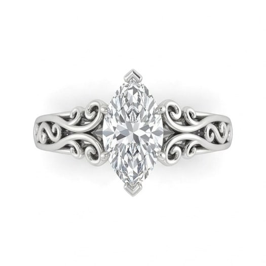 GIA Certified 1.4 ct Marquise Cut Natural Diamond Heritage Scroll Ring in 14K White Gold: An exceptional 1.4 carat natural marquise-cut diamond ring, masterfully crafted in luxurious 14K White Gold and designed to embody refined elegance and lasting beauty. This design highlights the beaut