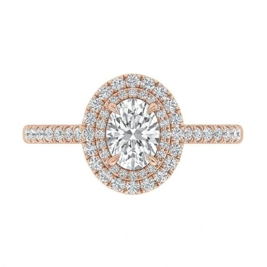 IGI Certified 1.65 ct Oval Cut Natural Diamond Rosette Halo Ring in 14K Rose Gold: An exceptional 1.65 carat natural oval-cut diamond ring, masterfully crafted in luxurious 14K Rose Gold and designed to embody refined elegance and lasting beauty. This design is enhanced with matchin
