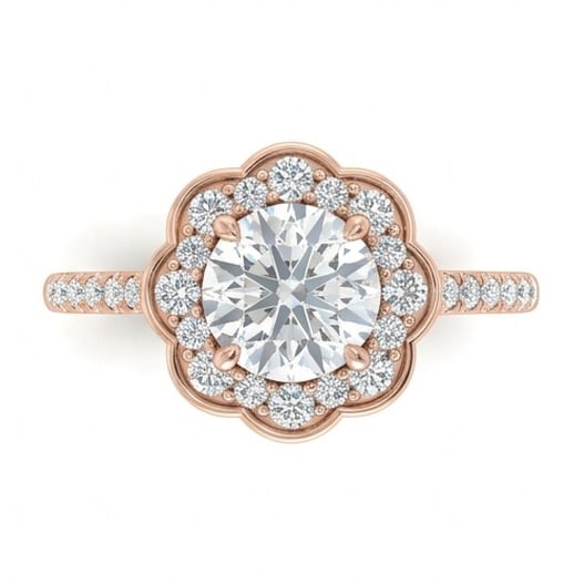 IGI Certified 1.7 ct Round Cut Natural Diamond Floral Halo Ring in 14K Rose Gold: An elegant 1.7 carat natural round-cut diamond ring, finely made in 14K Rose Gold with a refined profile and auction-worthy presentation. This design is enhanced with matching diamond side stones, add
