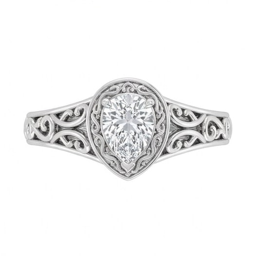 IGI Certified 1.35 ct Pear Cut Natural Diamond Heritage Scroll Ring in 14K White Gold: An exceptional 1.35 carat natural pear-cut diamond ring, masterfully crafted in luxurious 14K White Gold and designed to embody refined elegance and lasting beauty. This design highlights the beauty o
