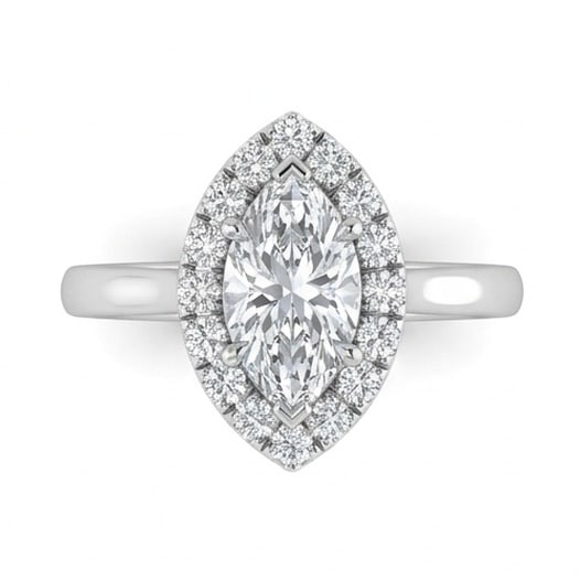 GIA Certified 1.55 ct Marquise Cut Natural Diamond Rosette Halo Ring in 14K White Gold: An exceptional 1.55 carat natural marquise-cut diamond ring, masterfully crafted in luxurious 14K White Gold and designed to embody refined elegance and lasting beauty. This design is enhanced with ma