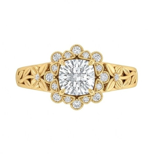IGI Certified 1.5 ct Cushion Cut Natural Diamond Floral Vintage Ring in 14K Yellow Gold: An elegant 1.5 carat natural cushion-cut diamond ring, finely made in 14K Yellow Gold with a refined profile and auction-worthy presentation. This design is enhanced with matching diamond side stones,
