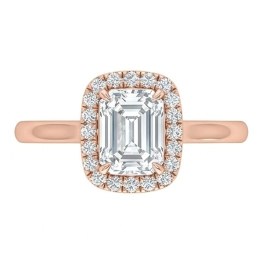 GIA Certified 1.65 ct Emerald Cut Natural Diamond Emerald Cushion Halo Ring in 14K Rose Gold: A remarkable 1.65 carat natural Emerald-cut diamond ring, expertly crafted in 14K Rose Gold and created to showcase timeless sophistication. This design is enhanced with matching diamond side stones, 