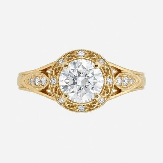 GIA Certified 1.75 ct Round Cut Natural Diamond Heritage Vintage Ring in 14K Yellow Gold: A sophisticated 1.75 carat natural round-cut diamond ring, crafted in 14K Yellow Gold to highlight beauty, brilliance, and fine jewelry presence. This design is enhanced with matching diamond side sto