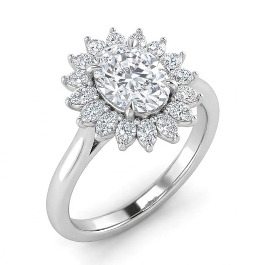 IGI Certified 1.55 ct Oval Cut Natural Diamond Petal Halo Ring in 14K White Gold: This distinguished 1.55 carat natural oval-cut diamond ring is beautifully crafted in 14K White Gold, offering exceptional brilliance and enduring appeal. This design is enhanced with matching diamond