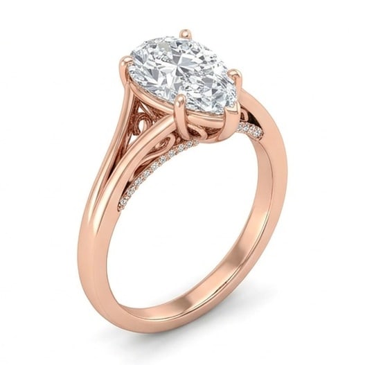 IGI Certified 1.8 ct Pear Cut Natural Diamond Raised Cathedral Solitaire Ring in 14K Rose Gold: This distinguished 1.8 carat natural pear-cut diamond ring is beautifully crafted in 14K Rose Gold, offering exceptional brilliance and enduring appeal. This design is enhanced with matching diamond s