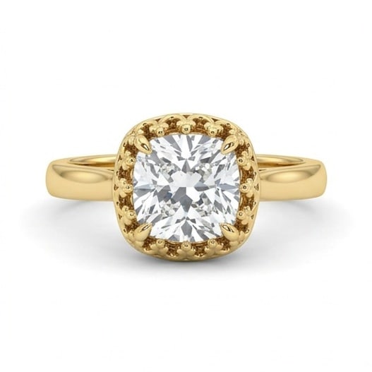 IGI Certified 1.4 ct Cushion Cut Natural Diamond Vintage Crown Ring in 14K Yellow Gold: An exceptional 1.4 carat natural cushion-cut diamond ring, masterfully crafted in luxurious 14K Yellow Gold and designed to embody refined elegance and lasting beauty. This design highlights the beaut