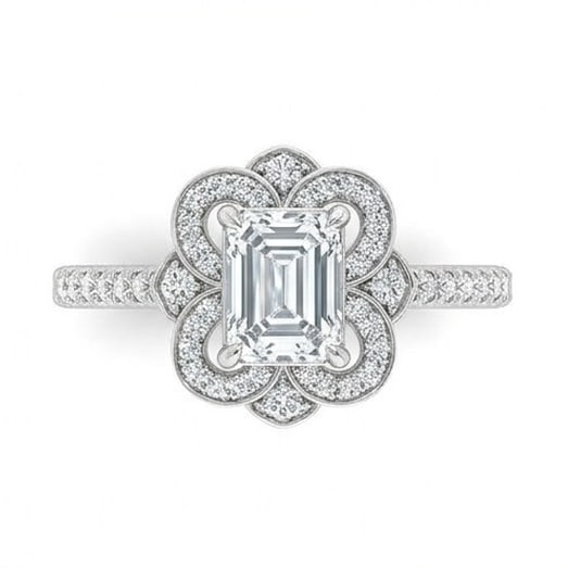 GIA Certified 1.9 ct Emerald Cut Natural Diamond Floral Halo Ring in 14K White Gold: This distinguished 1.9 carat natural emerald-cut diamond ring is beautifully crafted in 14K White Gold, offering exceptional brilliance and enduring appeal. This design is enhanced with matching diamo