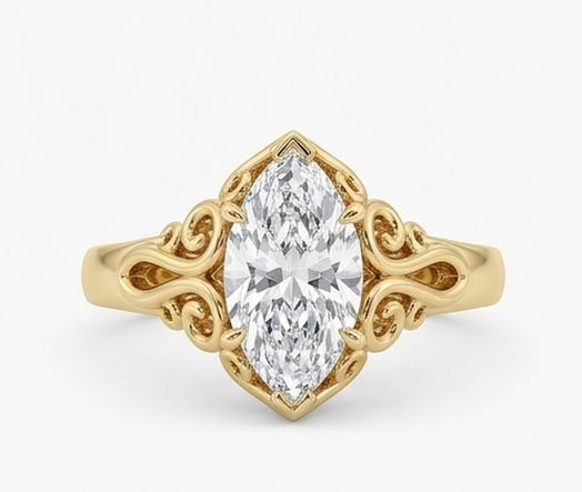 IGI Certified 1.7 ct Marquise Cut Natural Diamond Heritage Scroll Ring in 14K Yellow Gold: A remarkable 1.7 carat natural marquise-cut diamond ring, expertly crafted in 14K Yellow Gold and created to showcase timeless sophistication. This design highlights the beauty of the center stone alo