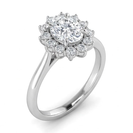 GIA Certified 1.5 ct Oval Cut Natural Diamond Rosette Halo Ring in 14K White Gold: An exceptional 1.5 carat natural oval-cut diamond ring, masterfully crafted in luxurious 14K White Gold and designed to embody refined elegance and lasting beauty. This design is enhanced with matchin