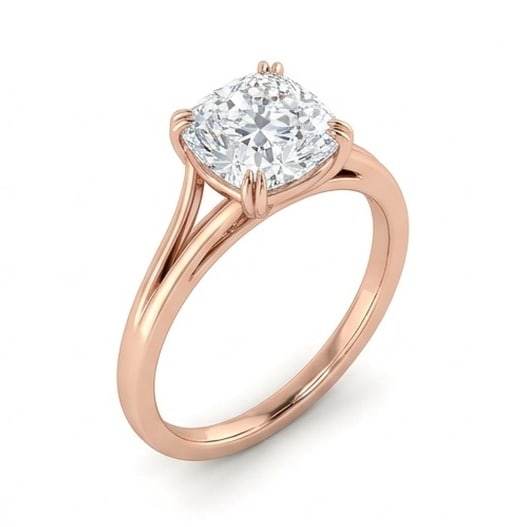 GIA Certified 1.85 ct Cushion Cut Natural Diamond Open Shoulder Solitaire Ring in 14K Rose Gold: An exceptional 1.85 carat natural cushion-cut diamond ring, masterfully crafted in luxurious 14K Rose Gold and designed to embody refined elegance and lasting beauty. This design highlights the beauty