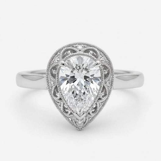 GIA Certified 1.45 ct Pear Cut Natural Diamond Vintage Gallery Ring in 14K White Gold: An exceptional 1.45 carat natural pear-cut diamond ring, masterfully crafted in luxurious 14K White Gold and designed to embody refined elegance and lasting beauty. This design is enhanced with matchi