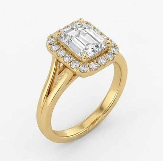 IGI Certified 1.6 ct Emerald Cut Natural Diamond Crown Halo Ring in 14K Yellow Gold (1 of 4)