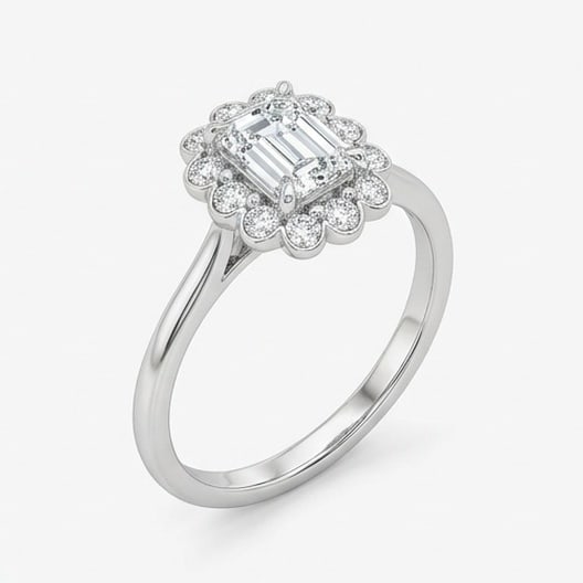 GIA Certified 1.4 ct Emerald Cut Natural Diamond Floral Halo Ring in 14K White Gold: A remarkable 1.4 carat natural emerald-cut diamond ring, expertly crafted in 14K White Gold and created to showcase timeless sophistication. This design is enhanced with matching diamond side stones, 