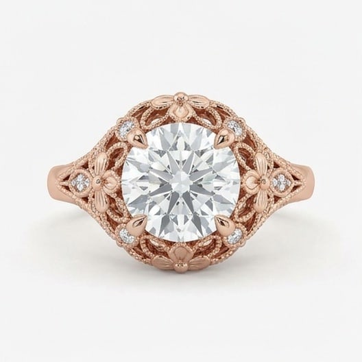 IGI Certified 1.6 ct Round Cut Natural Diamond Vintage Lace Ring in 14K Rose Gold: An elegant 1.6 carat natural round-cut diamond ring, finely made in 14K Rose Gold with a refined profile and auction-worthy presentation. This design is enhanced with matching diamond side stones, add