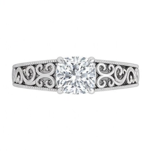 GIA Certified 1.5 ct Cushion Cut Natural Diamond Heritage Scroll Ring in 14K White Gold: An exceptional 1.5 carat natural cushion-cut diamond ring, masterfully crafted in luxurious 14K White Gold and designed to embody refined elegance and lasting beauty. This design highlights the beauty