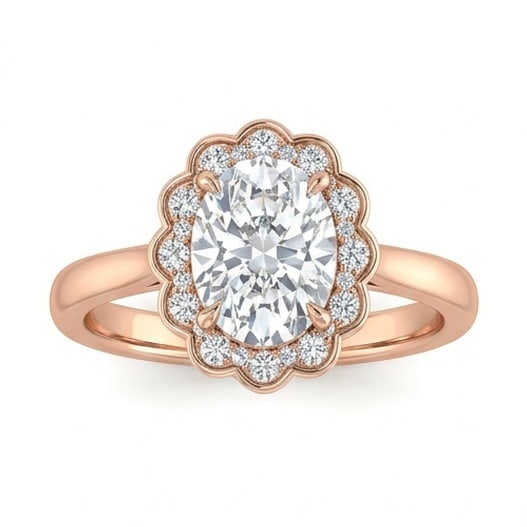 GIA Certified 1.75 ct Oval Cut Natural Diamond Scalloped Halo Ring in 14K Rose Gold: A sophisticated 1.75 carat natural oval-cut diamond ring, crafted in 14K Rose Gold to highlight beauty, brilliance, and fine jewelry presence. This design is enhanced with matching diamond side stones