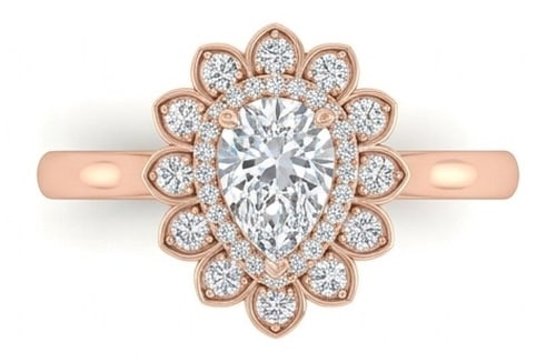 IGI Certified 1.65 ct Pear Cut Natural Diamond Floral Halo Ring in 14K Rose Gold: An exceptional 1.65 carat natural pear-cut diamond ring, masterfully crafted in luxurious 14K Rose Gold and designed to embody refined elegance and lasting beauty. This design is enhanced with matchin