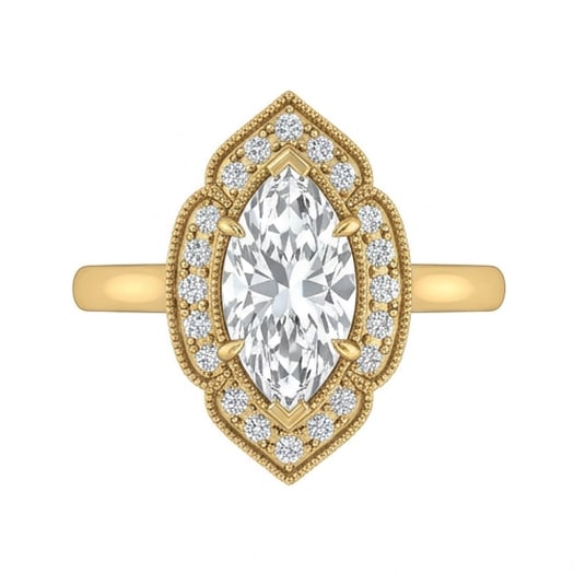 GIA Certified 1.4 ct Marquise Cut Natural Diamond Antique Border Ring in 14K Yellow Gold: An elegant 1.4 carat natural marquise-cut diamond ring, finely made in 14K Yellow Gold with a refined profile and auction-worthy presentation. This design is enhanced with matching diamond side stones