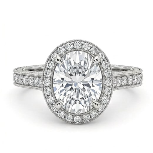 IGI Certified 1.55 ct Oval Cut Natural Diamond Crown Frame Halo Ring in 14K White Gold: An exceptional 1.55 carat natural oval-cut diamond ring, masterfully crafted in luxurious 14K White Gold and designed to embody refined elegance and lasting beauty. This design is enhanced with matchi