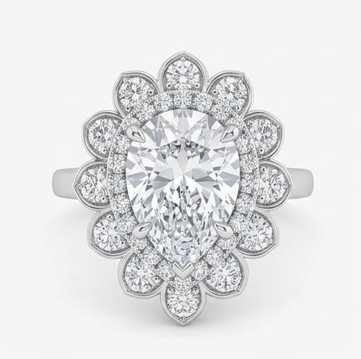 GIA Certified 1.85 ct Pear Cut Natural Diamond Petal Halo Ring in 14K White Gold (1 of 4)