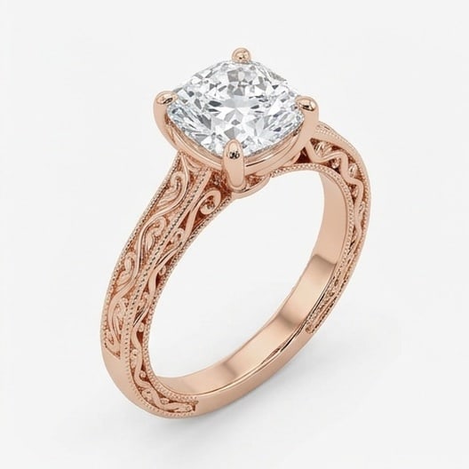 GIA Certified 1.6 ct Cushion Cut Natural Diamond Vintage Gallery Ring in 14K Rose Gold: An exceptional 1.6 carat natural cushion-cut diamond ring, masterfully crafted in luxurious 14K Rose Gold and designed to embody refined elegance and lasting beauty. This design highlights the beauty 