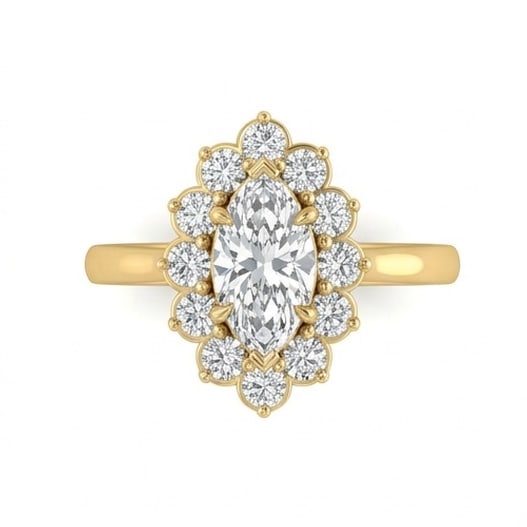 GIA Certified 1.5 ct Marquise Cut Natural Diamond Floral Halo Ring in 14K Yellow Gold: This distinguished 1.5 carat natural marquise-cut diamond ring is beautifully crafted in 14K Yellow Gold, offering exceptional brilliance and enduring appeal. This design is enhanced with matching dia