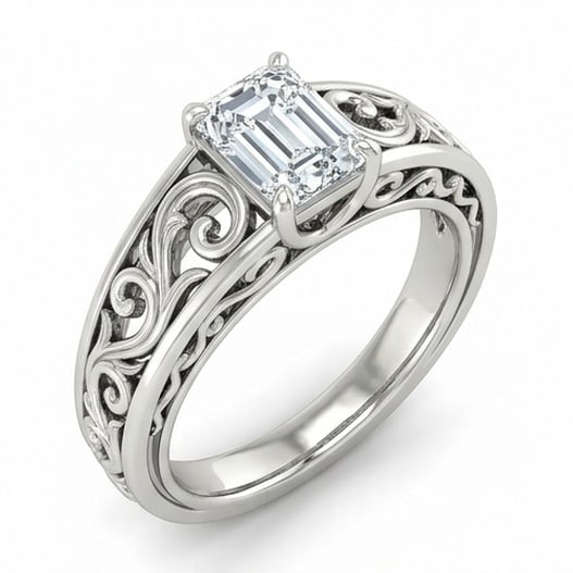 GIA Certified 1.75 ct Emerald Cut Natural Diamond Heritage Scroll Ring in 14K White Gold: This distinguished 1.75 carat natural emerald-cut diamond ring is beautifully crafted in 14K White Gold, offering exceptional brilliance and enduring appeal. This design highlights the beauty of the c