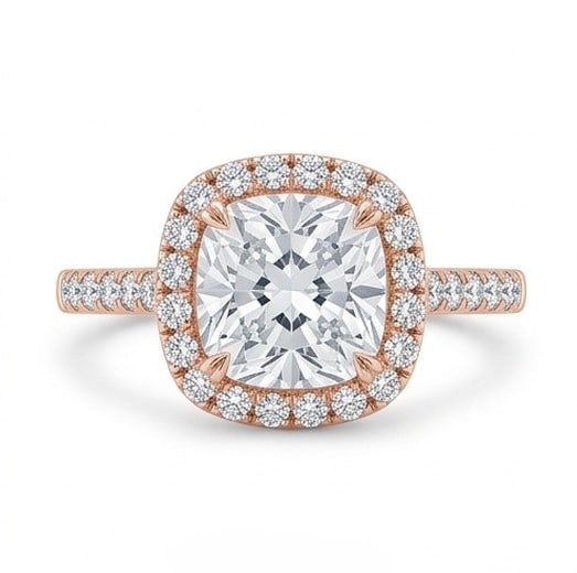 GIA Certified 1.9 ct Cushion Cut Natural Diamond Crown Halo Ring in 14K Rose Gold: An exceptional 1.9 carat natural cushion-cut diamond ring, masterfully crafted in luxurious 14K Rose Gold and designed to embody refined elegance and lasting beauty. This design is enhanced with match