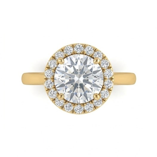 GIA Certified 1.5 ct Round Cut Natural Diamond Rosette Halo Ring in 14K Yellow Gold: A sophisticated 1.5 carat natural round-cut diamond ring, crafted in 14K Yellow Gold to highlight beauty, brilliance, and fine jewelry presence. This design is enhanced with matching diamond side ston
