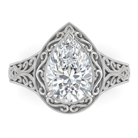 IGI Certified 1.6 ct Pear Cut Natural Diamond Heritage Scroll Ring in 14K White Gold: An elegant 1.6 carat natural pear-cut diamond ring, finely made in 14K White Gold with a refined profile and auction-worthy presentation. This design highlights the beauty of the center stone alone, o