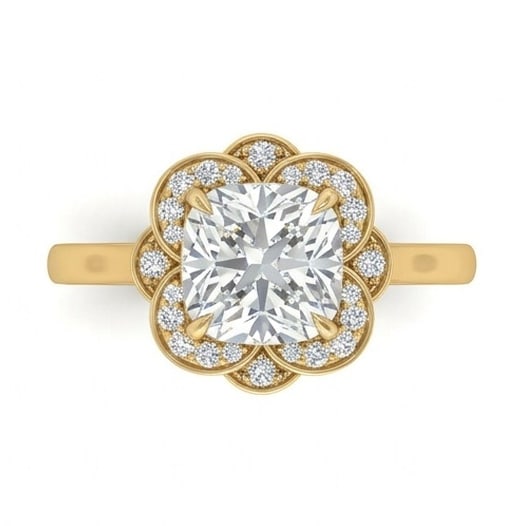 IGI Certified 1.45 ct Cushion Cut Natural Diamond Floral Halo Ring in 14K Yellow Gold: A remarkable 1.45 carat natural cushion-cut diamond ring, expertly crafted in 14K Yellow Gold and created to showcase timeless sophistication. This design is enhanced with matching diamond side stones
