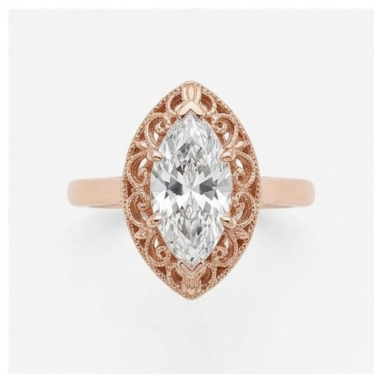 IGI Certified 1.85 ct Marquise Cut Natural Diamond Vintage Crown Ring in 14K Rose Gold: This distinguished 1.85 carat natural marquise-cut diamond ring is beautifully crafted in 14K Rose Gold, offering exceptional brilliance and enduring appeal. This design highlights the beauty of the c