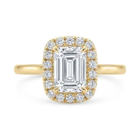 IGI Certified 1.3 ct Emerald Cut Natural Diamond Emerald Cushion Halo Ring in 14K Yellow Gold: An exceptional 1.3 carat natural Emerald-cut diamond ring, masterfully crafted in luxurious 14K Yellow Gold and designed to embody refined elegance and lasting beauty. This design is enhanced with mat