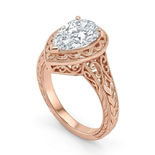 GIA Certified 1.55 ct Pear Cut Natural Diamond Antique Gallery Ring in 14K Rose Gold: An exceptional 1.55 carat natural pear-cut diamond ring, masterfully crafted in luxurious 14K Rose Gold and designed to embody refined elegance and lasting beauty. This design highlights the beauty of