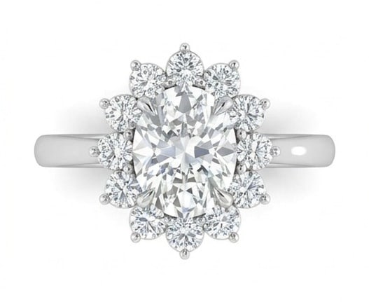 GIA Certified 1.9 ct Oval Cut Natural Diamond Petal Halo Ring in 14K White Gold: An elegant 1.9 carat natural oval-cut diamond ring, finely made in 14K White Gold with a refined profile and auction-worthy presentation. This design is enhanced with matching diamond side stones, add