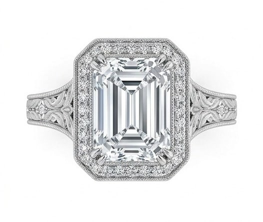 IGI Certified 1.65 ct Emerald Cut Natural Diamond Heritage Vintage Ring in 14K White Gold: An elegant 1.65 carat natural emerald-cut diamond ring, finely made in 14K White Gold with a refined profile and auction-worthy presentation. This design is enhanced with matching diamond side stones,