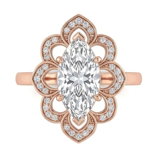 IGI Certified 1.8 ct Marquise Cut Natural Diamond Floral Scalloped Halo Ring in 14K Rose Gold: An elegant 1.8 carat natural marquise-cut diamond ring, finely made in 14K Rose Gold with a refined profile and auction-worthy presentation. This design is enhanced with matching diamond side stones, 