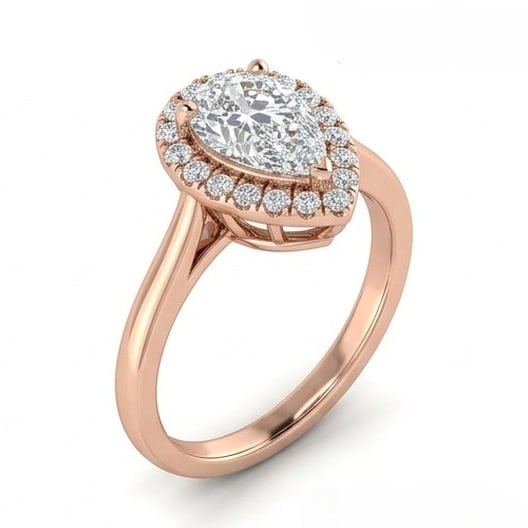 IGI Certified 1.9 ct Pear Cut Natural Diamond Crown Frame Halo Ring in 14K Rose Gold: This distinguished 1.9 carat natural pear-cut diamond ring is beautifully crafted in 14K Rose Gold, offering exceptional brilliance and enduring appeal. This design is enhanced with matching diamond s
